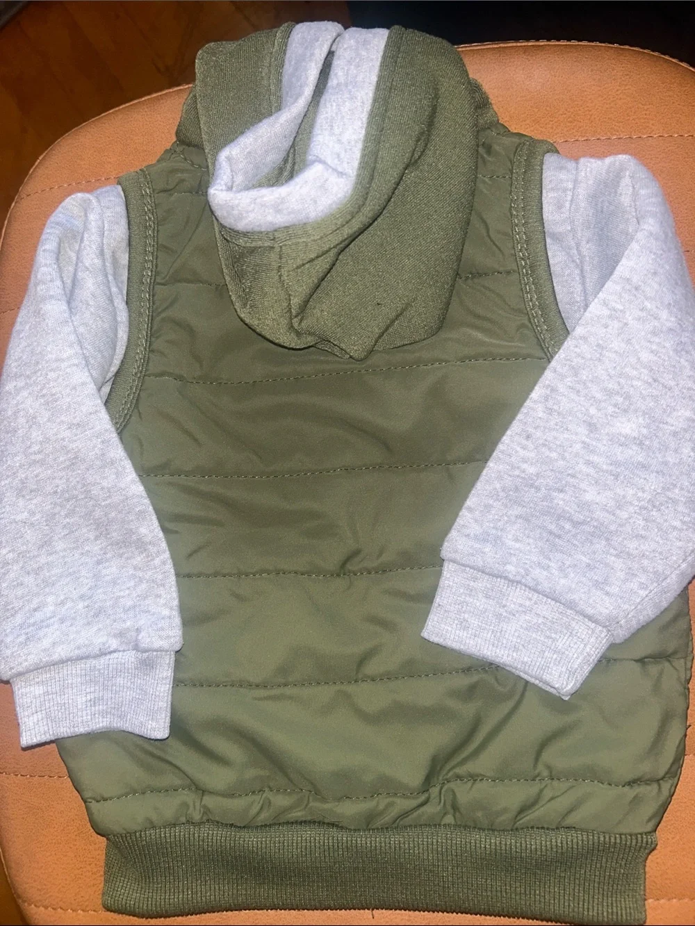 Free Planet Olive Green Quilted Hooded Vest with Grey Sleeves